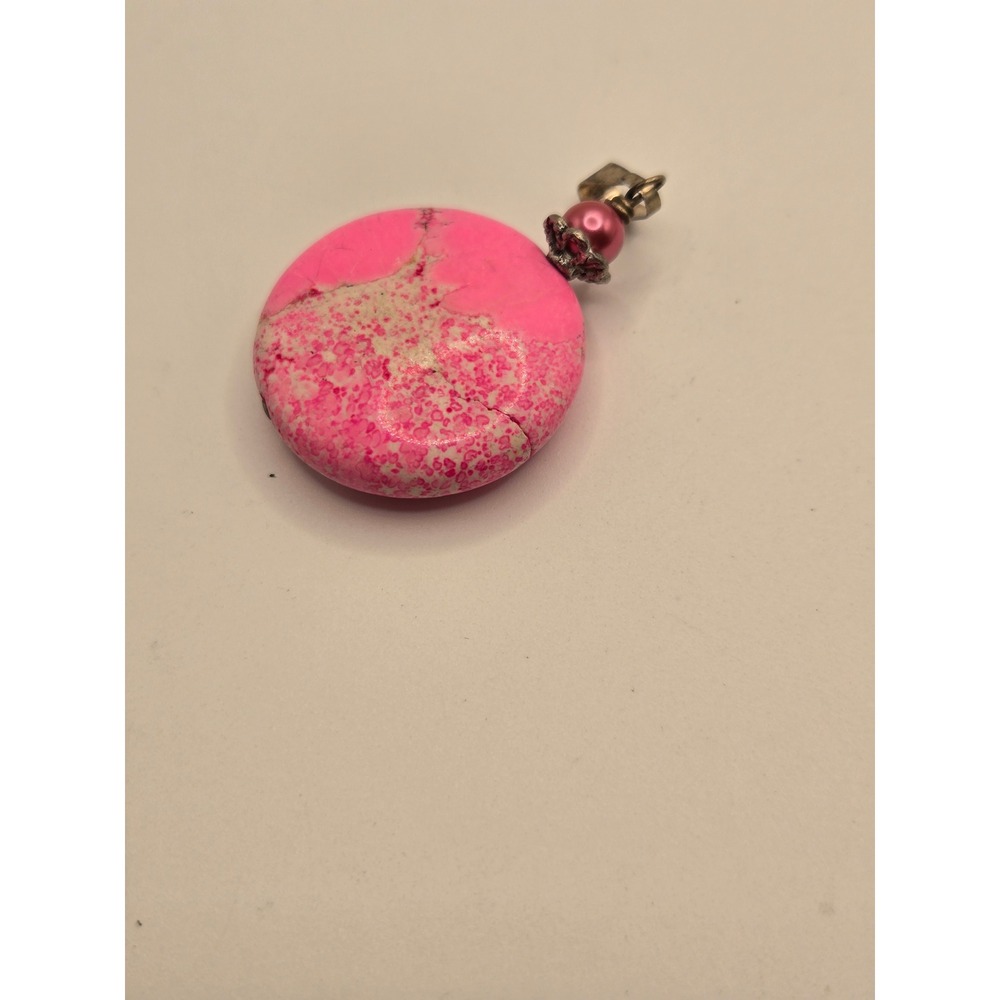 Vintage Pink Marbled Stone Disc Pendant UV Reactive Boho Jewelry